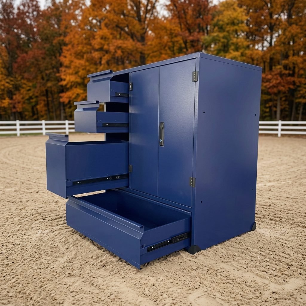 ProHorseJumps heavy-duty navy tack locker with drawers open, in a sand arena