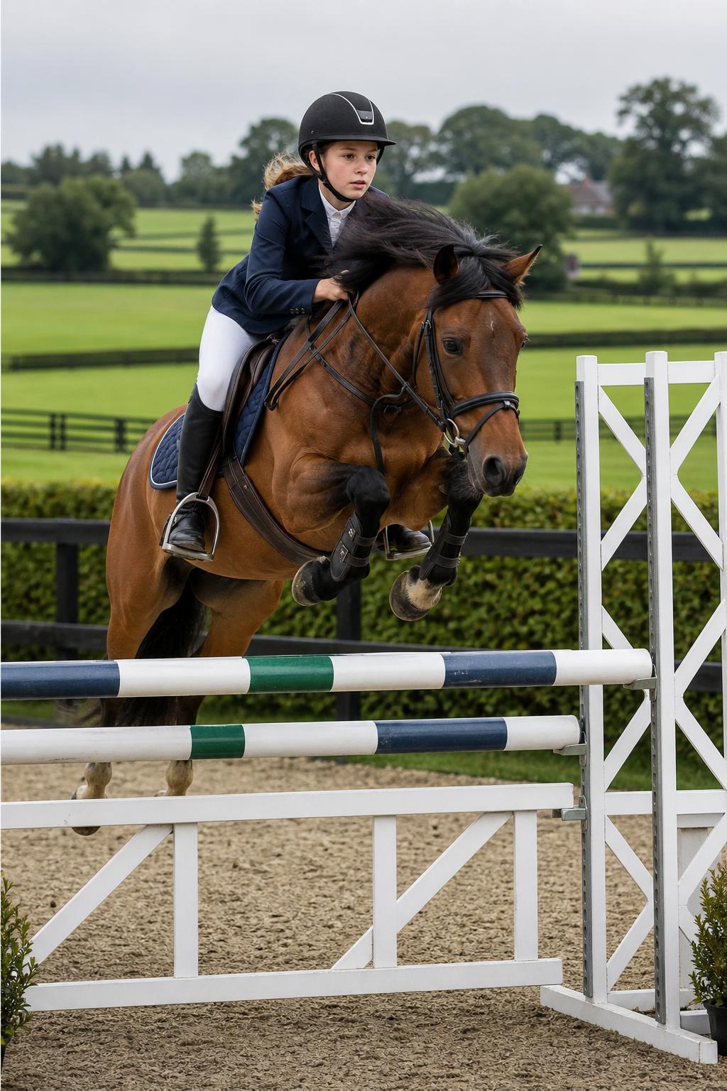 Young rider on a pony jumping a ProHorseJumps fence in an Irish arena